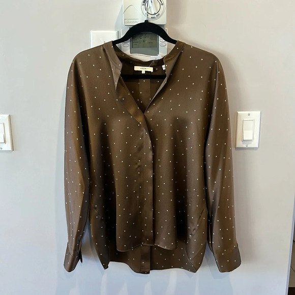 Vince  Satin Dot Print Popover Button Up Woodbine Blouse - Picture 5 of 10